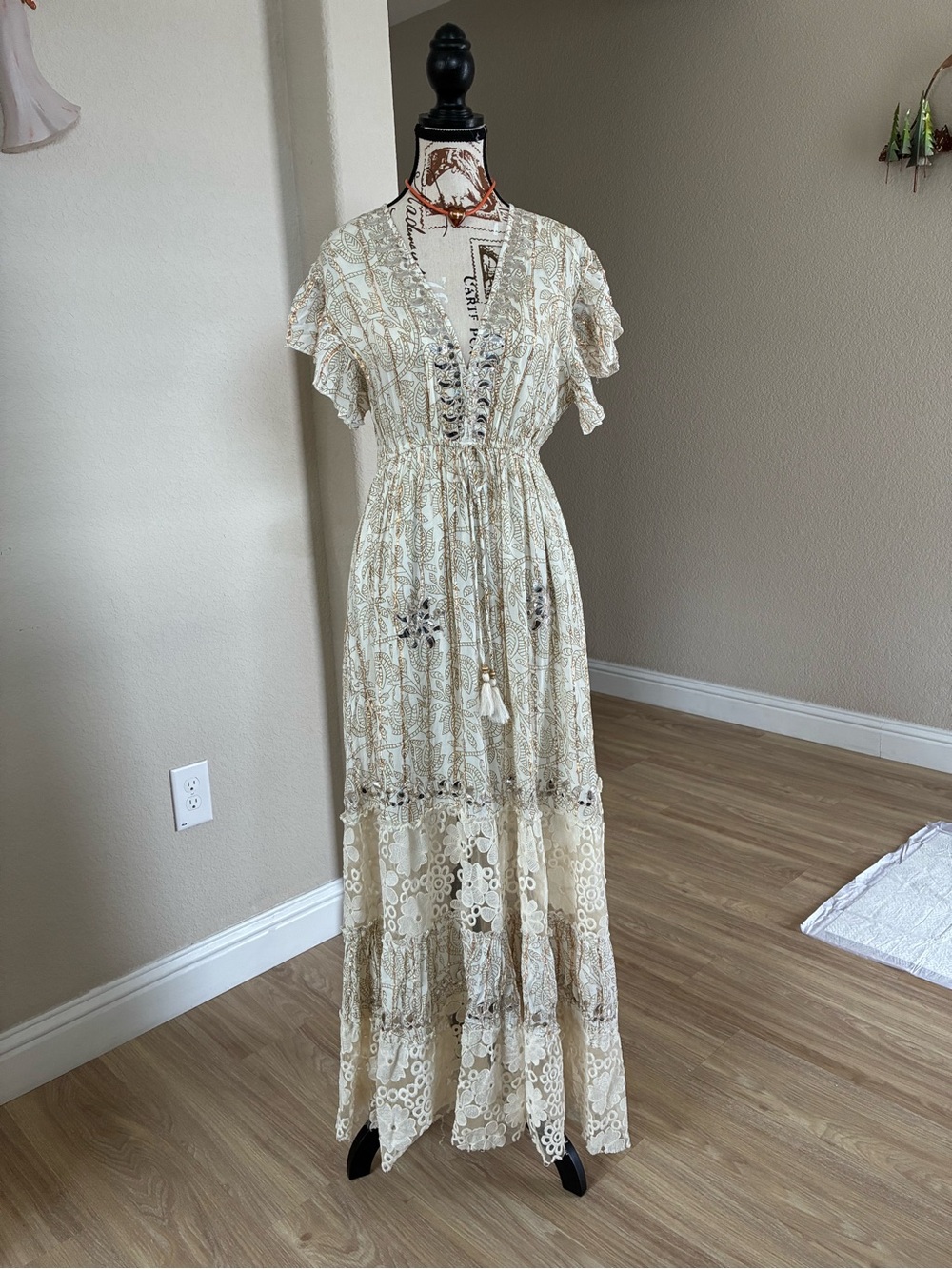 Cream Embroidered Maxi Dress with Lace Trim